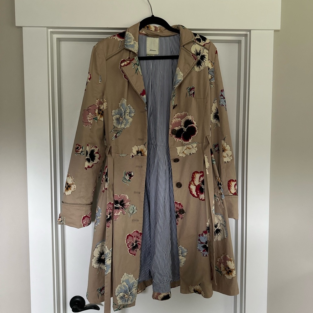 Elevenses Floral Tan trench with lace up detail on back